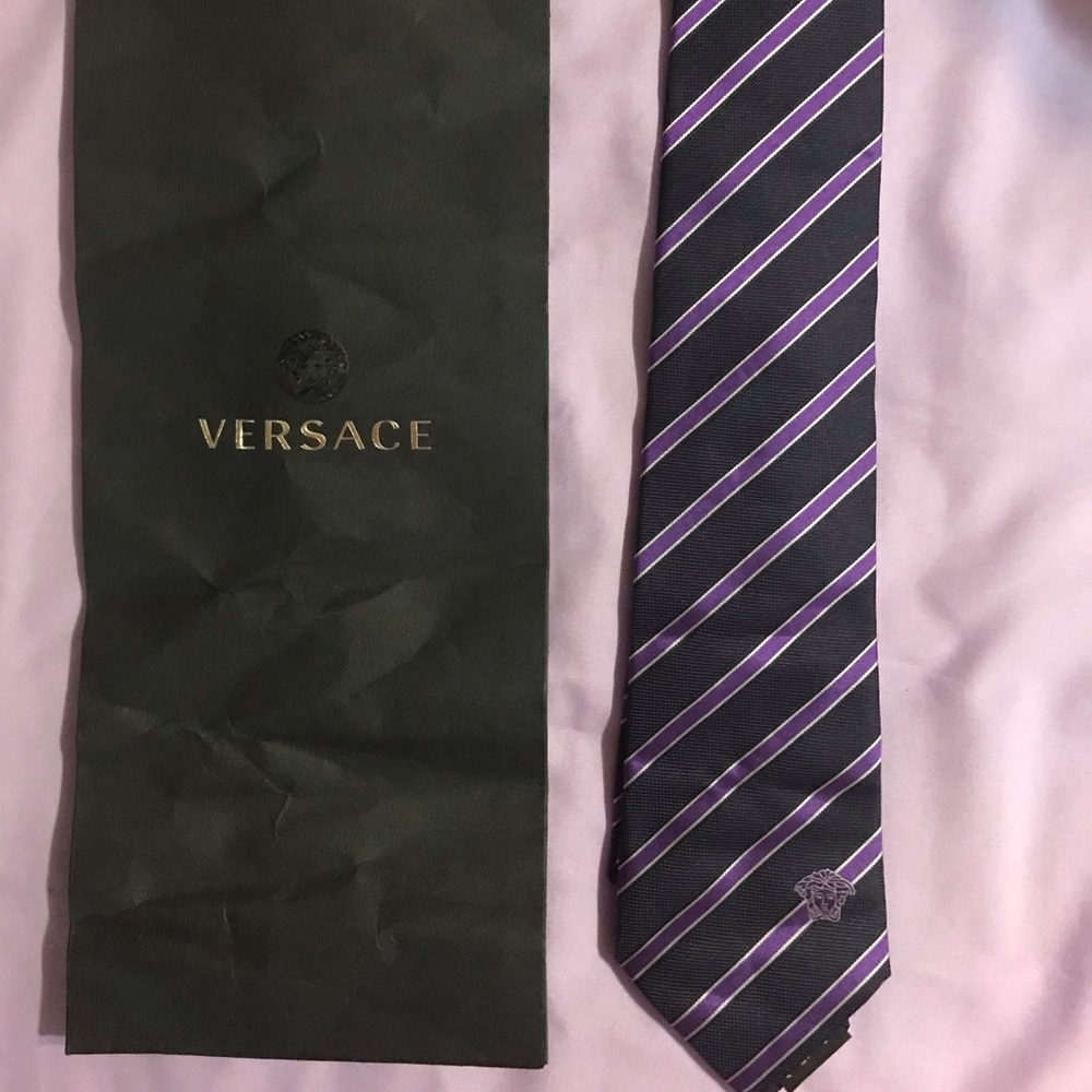 New Versace Navy Purple Striped Classic Tie Italy